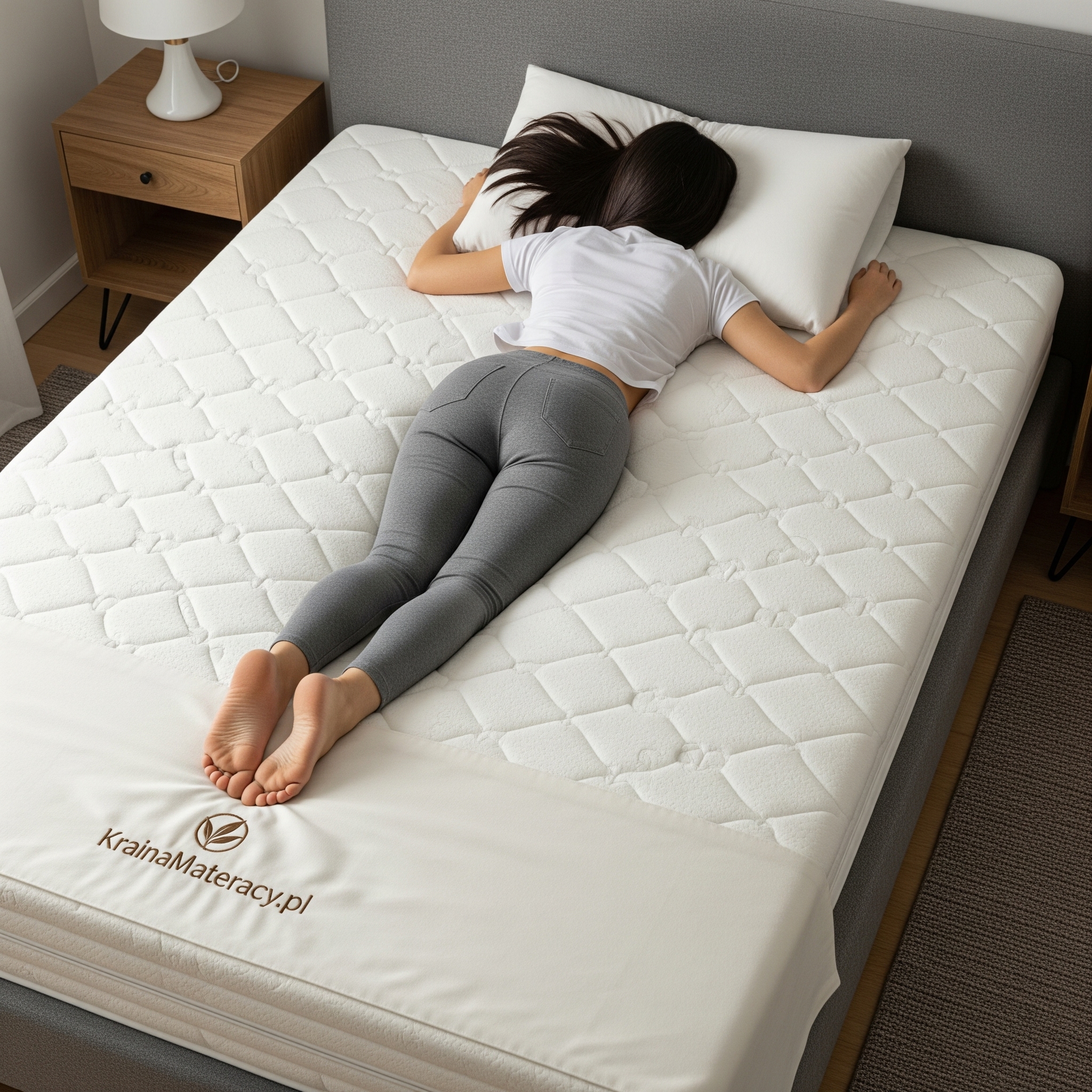 Kobieta śpiąca na brzuchu na w nienaturalnej pozycji, kręgołsup wygięty w hamak